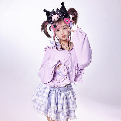 Japanese-harajuku-kawaii-style-purple-kuromi-hoodie-jacket-matched-with-purple-mini-cake-skirt-and-kuromi-headband