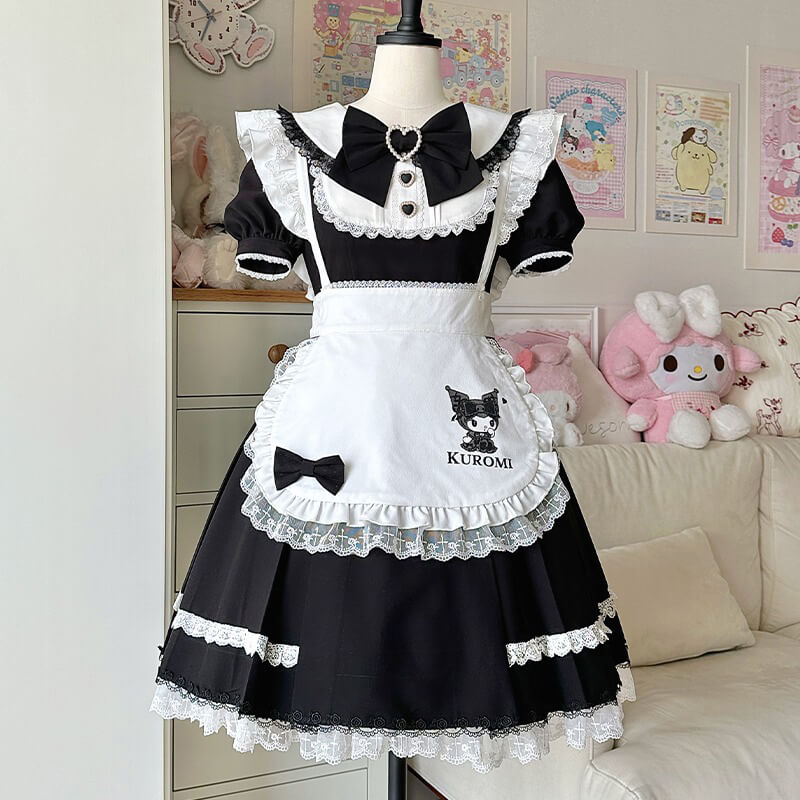 Jirai Kei Kuromi Lace Trim Maid OP Dress With Apron – KawaiiEnvy
