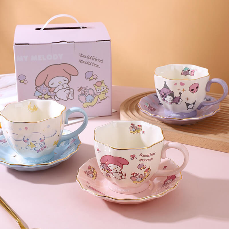 Tea Cup And Saucer Set Hand Painted Custom Design Glass Floral Garden Beautiful Insects Dragonfly Butterfly Bee Artistic Collectible Gift