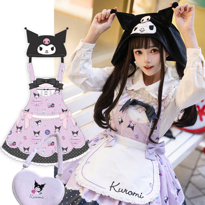 Sanrio-license-kuromi-inspired-hooded-Jumperskirt-comes-with-free-purple-heart-shaped-handbag-and-maid-apron