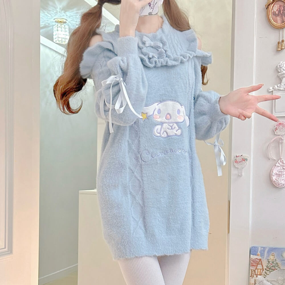 Cinnamoroll Cold Shoulder Sweater Dress with Ribbons - Sanrio Collaboration KawaiiEnvy Cinnamoroll Cold Shoulder Sweater Dress with Ribbons - Sanrio Collaboration KawaiiEnvy