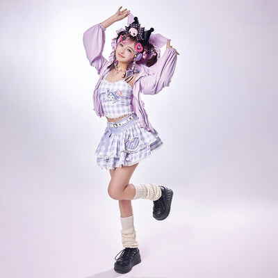 Kuromi Plaid Strappy Crop Top and Mini Cake Skirt