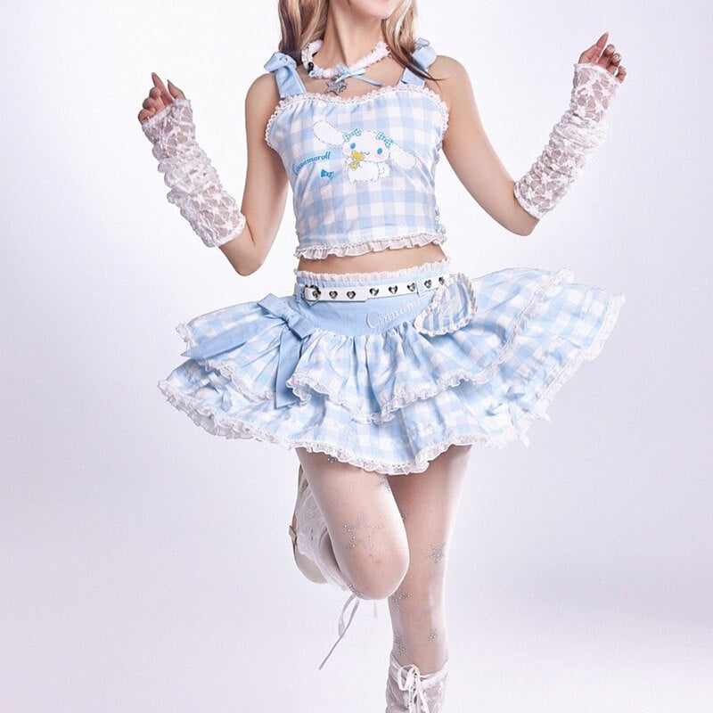sanrio-license-cinnamoroll-lace-trim-strappy-crop-top-with-chest-pad-and-lace-cake-skirt-suit