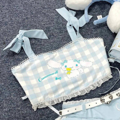 sanrio-license-light-blue-plaid-pattern-lace-trim-strappy-crop-top-with-chest-pad