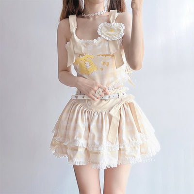 sanrio-license-pompompurin-strappy-crop-top-and-lace-cake-skirt-suit-light-yellow