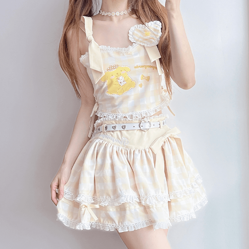 sanrio-license-pompompurin-strappy-crop-top-and-lace-cake-skirt-suit