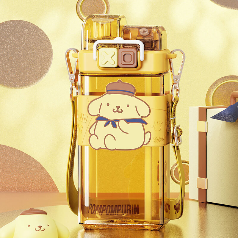 Sanrio-Punk-Series-Yellow-Pompompurin-Tritan-Double-Drink-Flat-Sipper-Water-Bottle-with-Adjustable-Strap-520ml