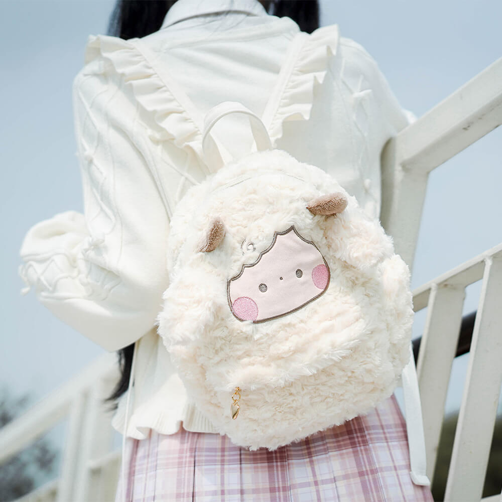 Kawaii Plaid Furry Bagpack Checkered Mini Fluffy Backpack For