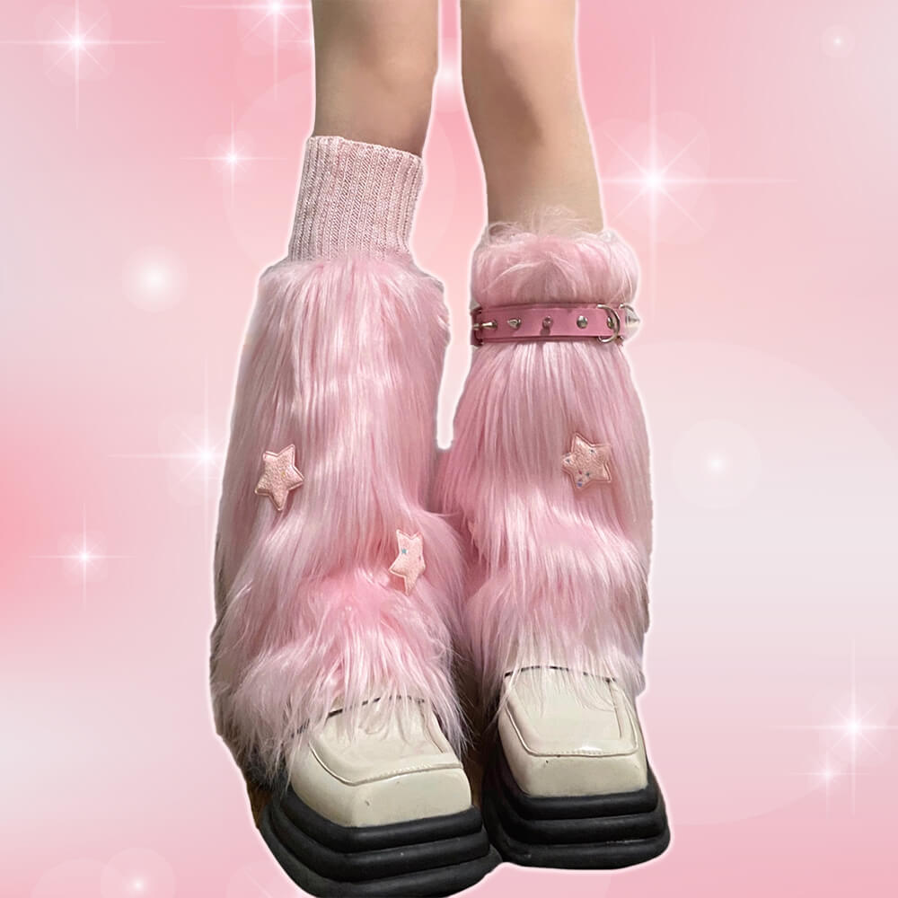Pink Furry Leg Warmers with Stars and Rivets Ring Decor