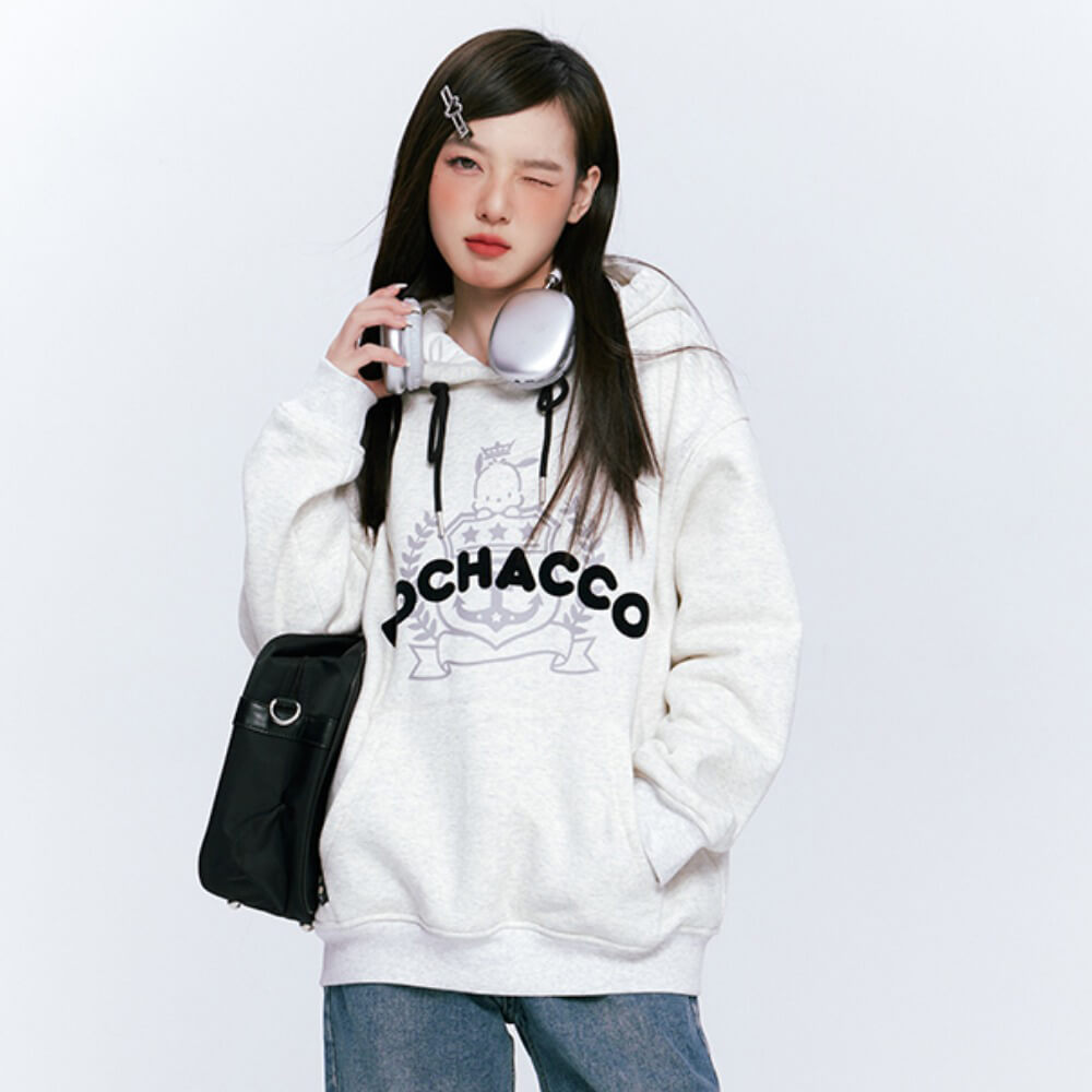 Pochacco Letters Graphic Grey Preppy Hoodie kawaiienvy