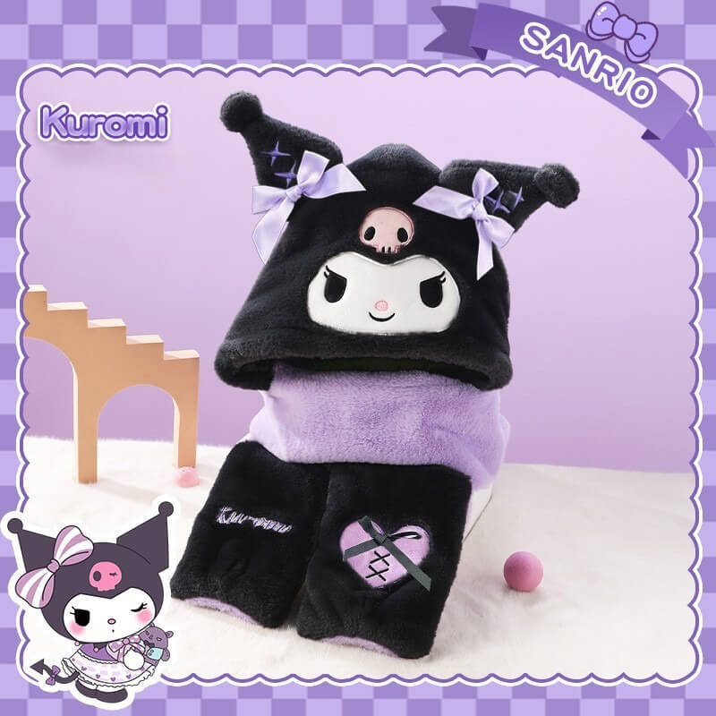 2024-Sanrio-Winter-New-Design-Black-Kuromi-JK-3-in-1-Hat-Scarf-Gloves