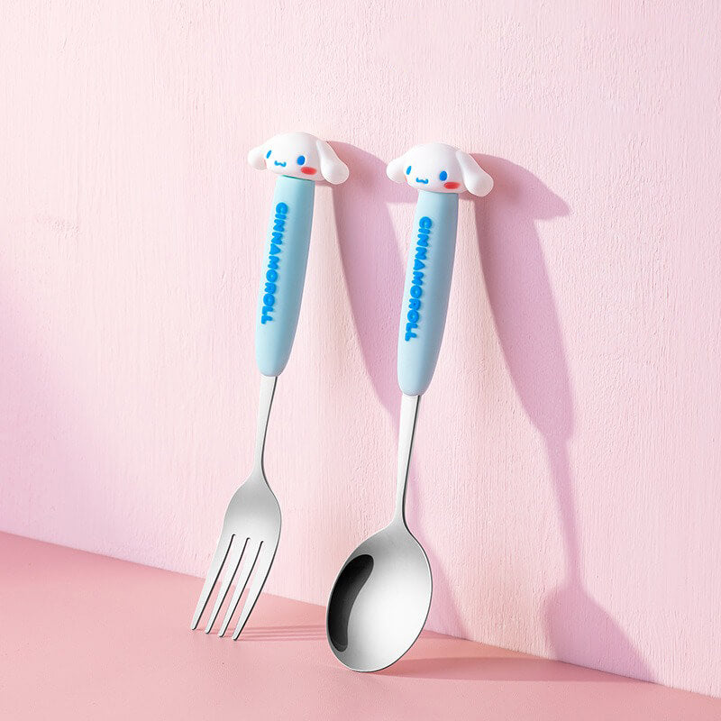 2024-new-release-sanrio-cinnamoroll-face-silicone-handle-stainless-steel-spoon-fork-flatware-set-in-blue