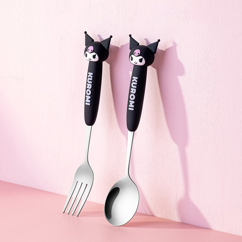 2024-new-release-sanrio-kuromi-face-silicone-handle-stainless-steel-spoon-fork-flatware-set-in-kuromi