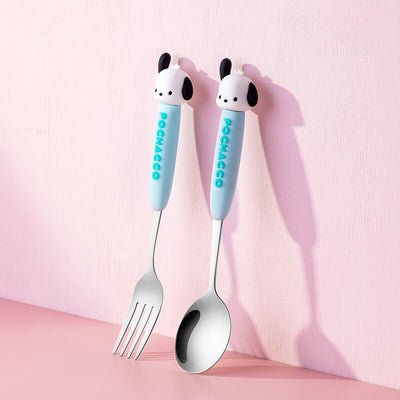 2024-new-release-sanrio-pochacco-face-silicone-handle-stainless-steel-spoon-fork-flatware-set-in-blue