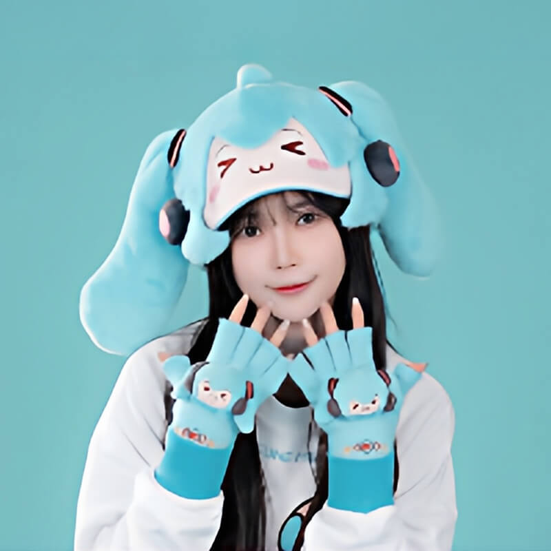A-girl-Wearing-Hatsune-Miku-Plush-Hat-And-Miku-Gloves