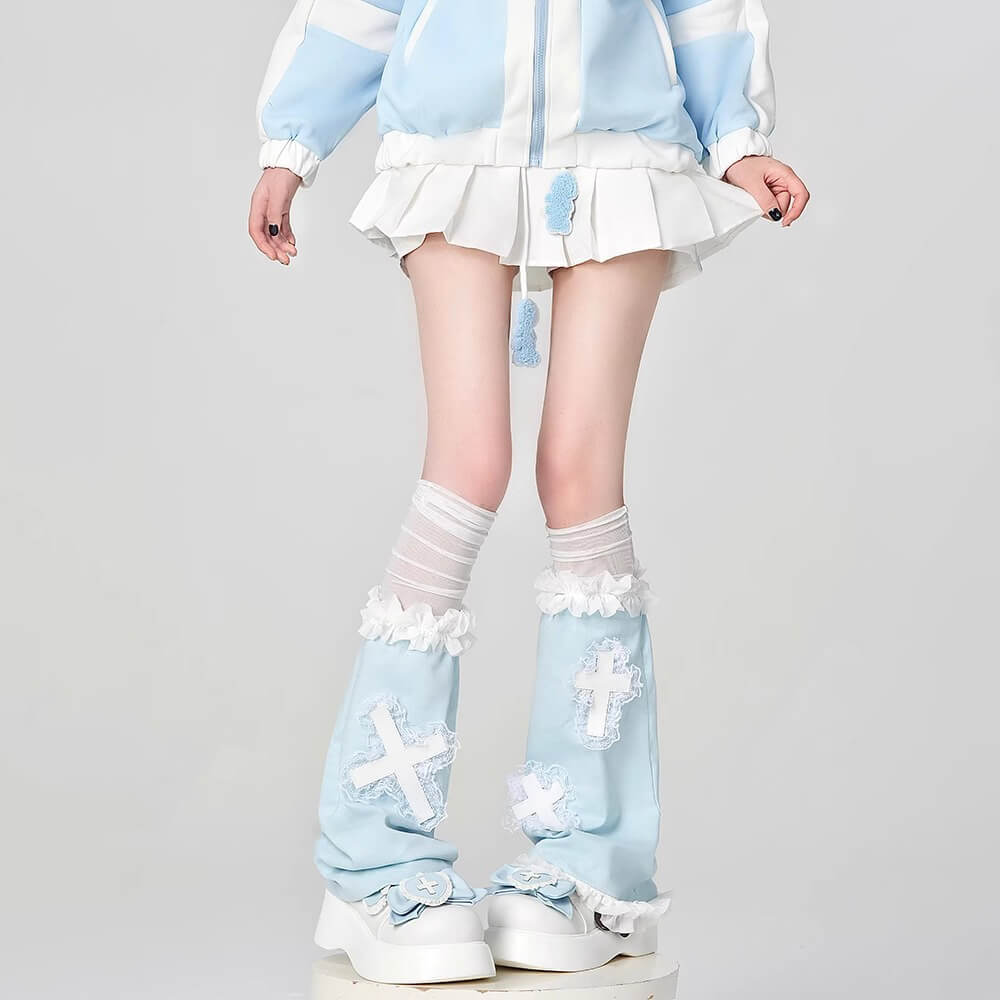 Baby Blue Cross-Appliqué Lace Trim Leg Warmers – KawaiiEnvy