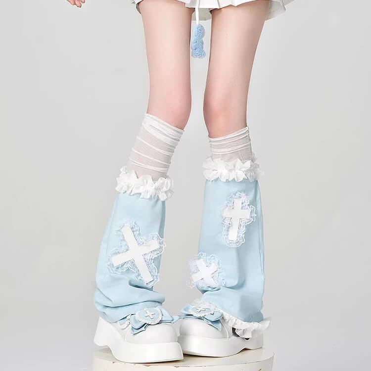 Baby-Blue-Cross-Applique-Lace-Trim-Leg-Warmers