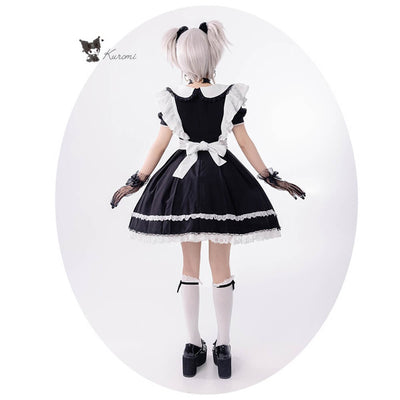 Backside-Display-of-Jirai-Kei-Kuromi-Black-And-White-Lace-Trim-Maid-Costume-Dress