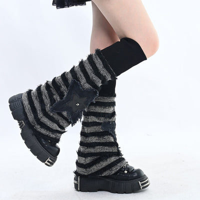 Black-And-Grey-Striped-Flared-Knit-Leg-Warmers-with-Star-Applique-Side-Display