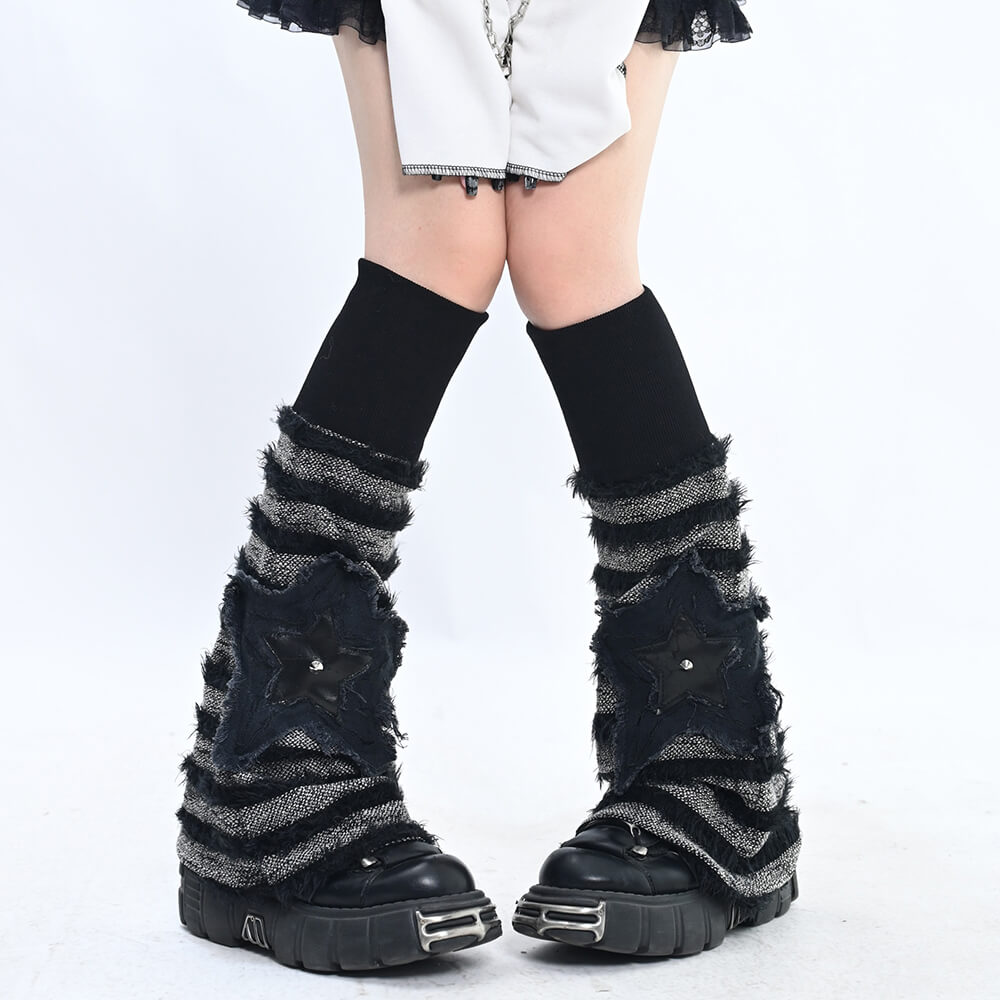 Black-And-Grey-Striped-Flared-Knitted-Leg-Warmers-With-Star-Embelishment