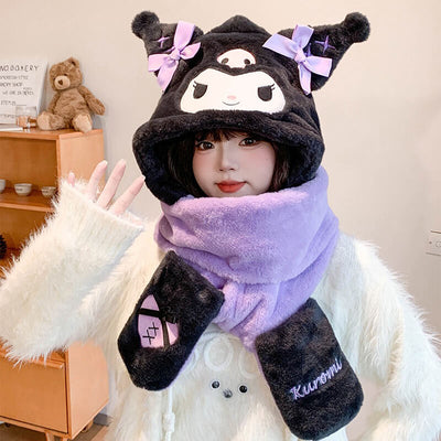 Black-Fluffy-Jirai-Kei-Kuromi-Hat-Scarf-Gloves-3-in-1-Set