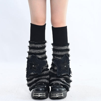 Black-Grey-Stretchy-Striped-Flared-Knit-Leg-Warmers-with-Star-Applique