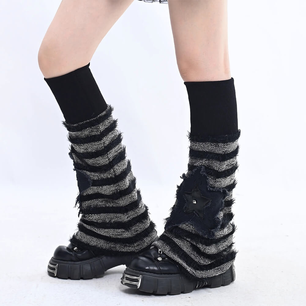 Black-Grey-Striped-Flared-Knit-Leg-Warmers-with-Star-Applique