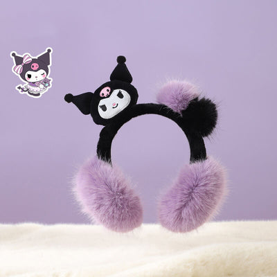 Black-and-purple-Kuromi-face-plush-pompoms-fluffy-earmuffs