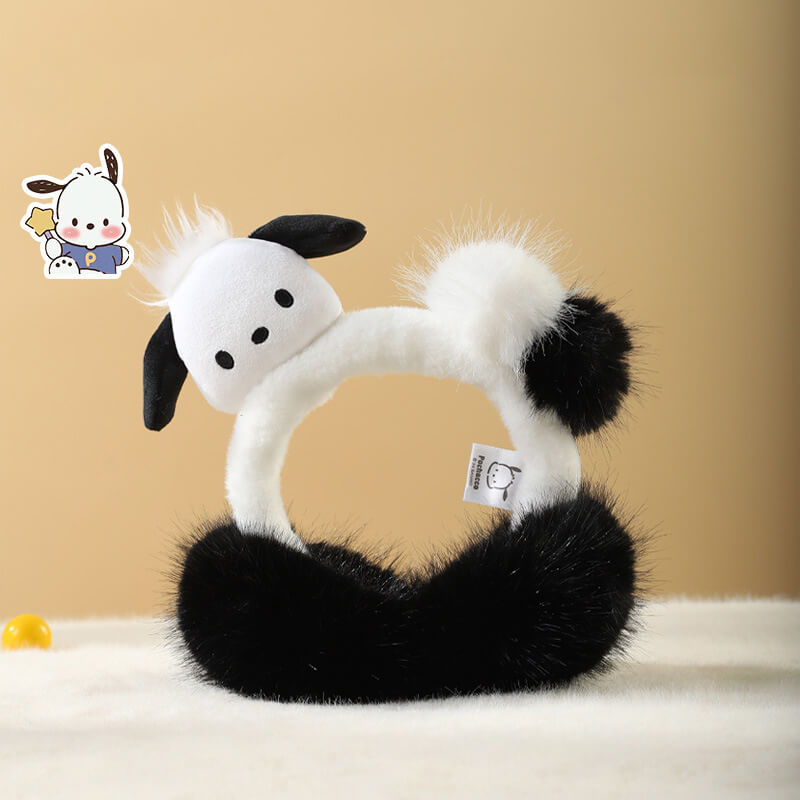 Black-and-white-pochacco-face-plush-pompoms-fluffy-earmuffs