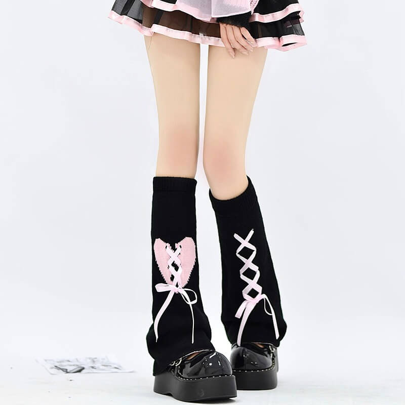 Broken-Heart-Lace-Up-Knitted-Flare-Leg-Warmers-In-Black-Pink