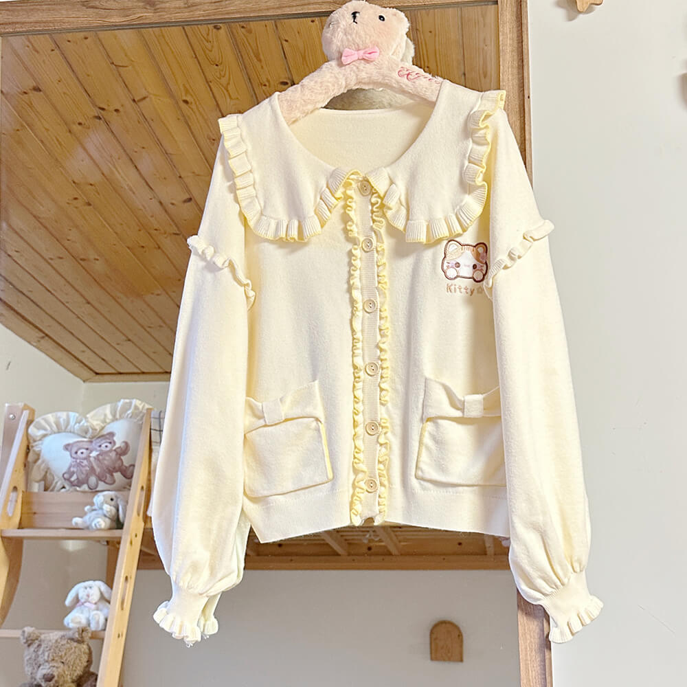 Calico-Cat-Embroidery-Light-Yellow-Ruffle-Knit-Cardigan