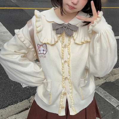 Calico-Cat-Embroidery-Ruffle-Knit-Cardigan-Outfit-Light-Yellow