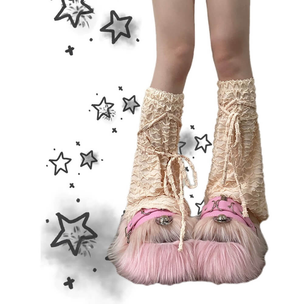 Champagne-Color-Multiple-Ruffled-Layers-Tie-up-Leg-Warmers-Paired-With-Fluffy-Heel-Shoes