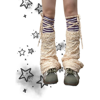 Champagne-Color-Multiple-Ruffled-Layers-Tie-up-Leg-Warmers-Paired-With-Purple-Striped-Socks