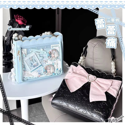 Cinnamoroll-and-Kuromi-Embossed-Lace-Up-Ita-Bags-with-Pearl-Handles-and-Bows