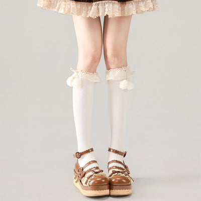 White mid-calf socks with lace details and brown platform shoes on a gray background