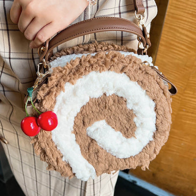 Dark-Coffee-Round-Cake-Roll-Shaped-Shoulder-Bag-With-Cherry-Bag-Charm