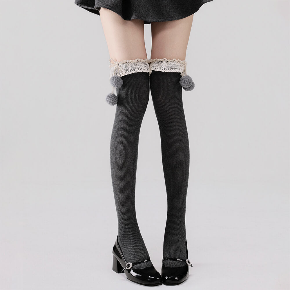 Lace Pom-pom Over-the-Knee Socks