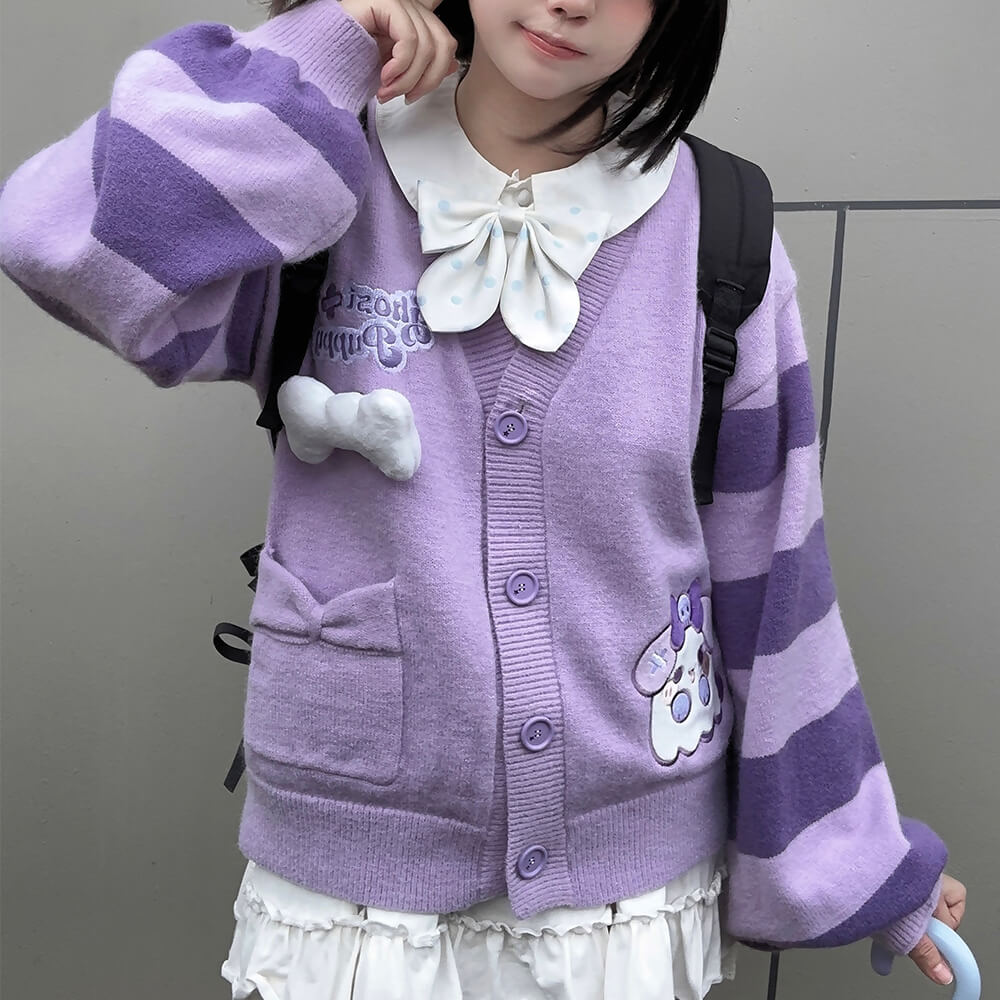 Ghost-Puppy-Purple-Loose-Knit-Cardigan-With-Bone-Decoration