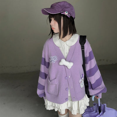 Ghost-Puppy-Purple-Loose-Knit-Cardigan-With-Striped-Puff-Sleeve