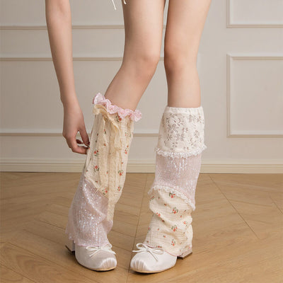 Girly-Sweet-Floral-Sequins-Patchwork-Summer-Leg-Warmers-With-Lace-Bow-Ties