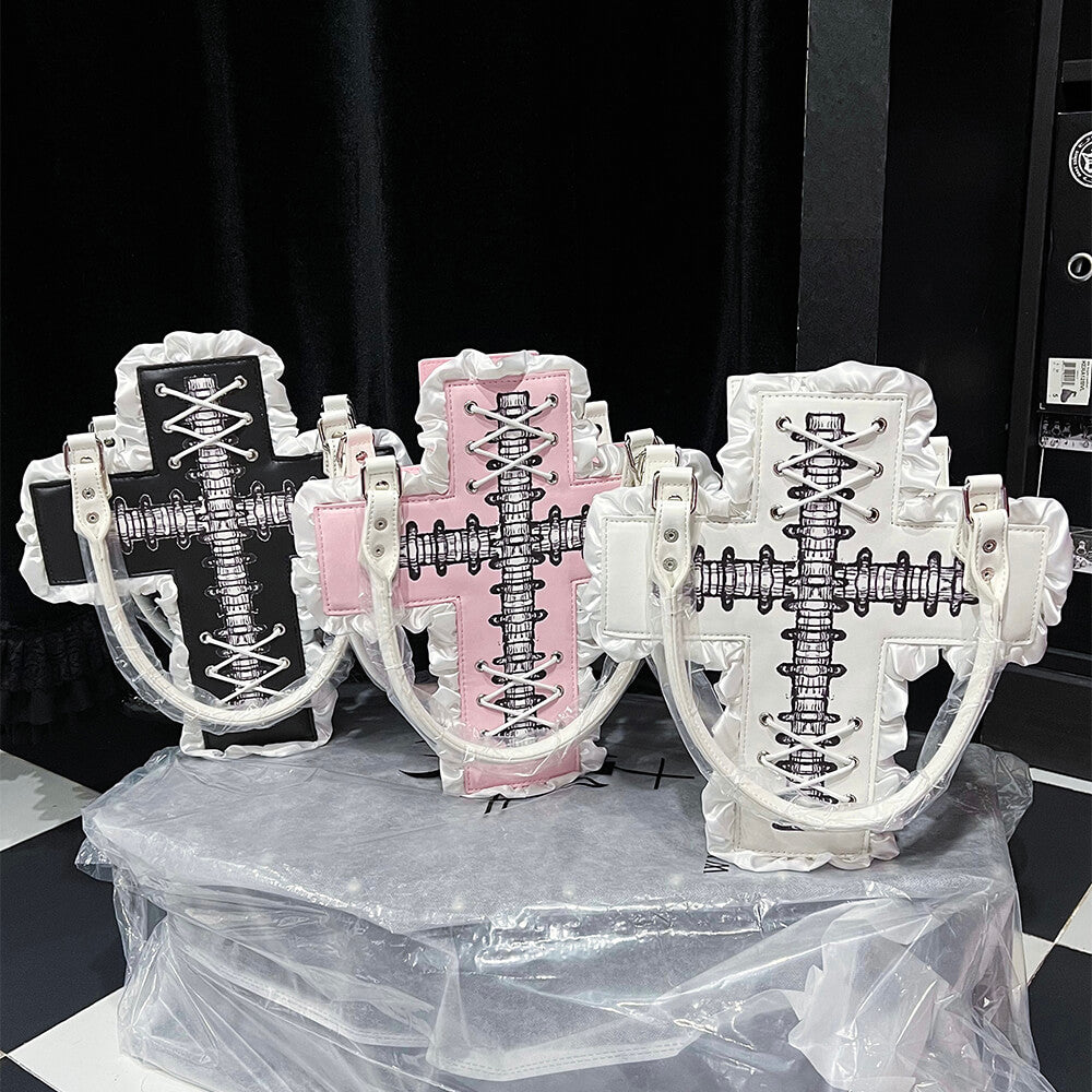 Gothic-Bone-Crosst-Lace-Ruffle-Cross-Shaped-PU-Handbag-black-white-pink