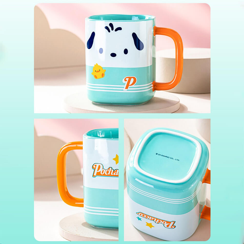 Green-Cup-And-Orange-Handle-Color-Blocking-Pochacco-Square-Mug-With-2024-Sanrio-Genuine-Logo-At-Bottom