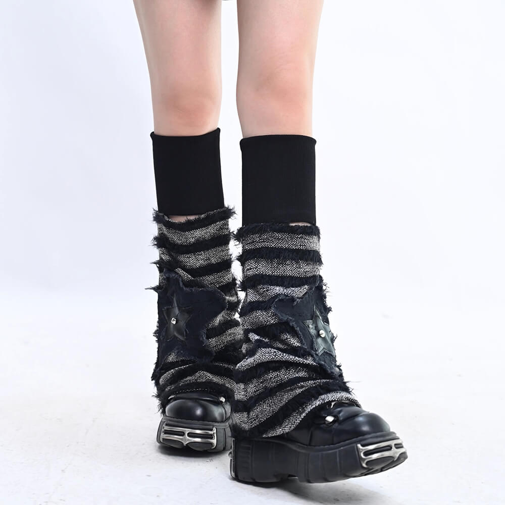 Harajuku-Fashion-Black-Grey-Striped-Flared-Knitted-Leg-Wear-with-Star-Applique