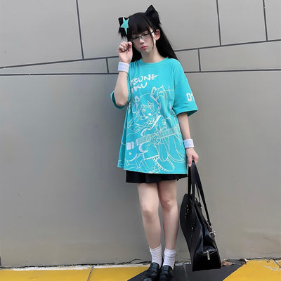Harajuku-Style-Look-Complete-With-Teal-Green-Miku-Loose-T-Shirt