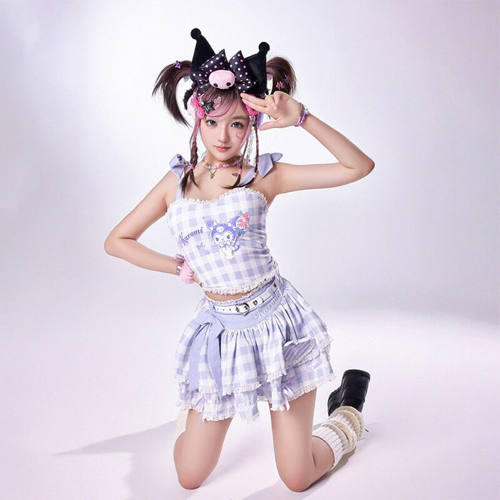 Kuromi Plaid Strappy Crop Top and Mini Cake Skirt – KawaiiEnvy
