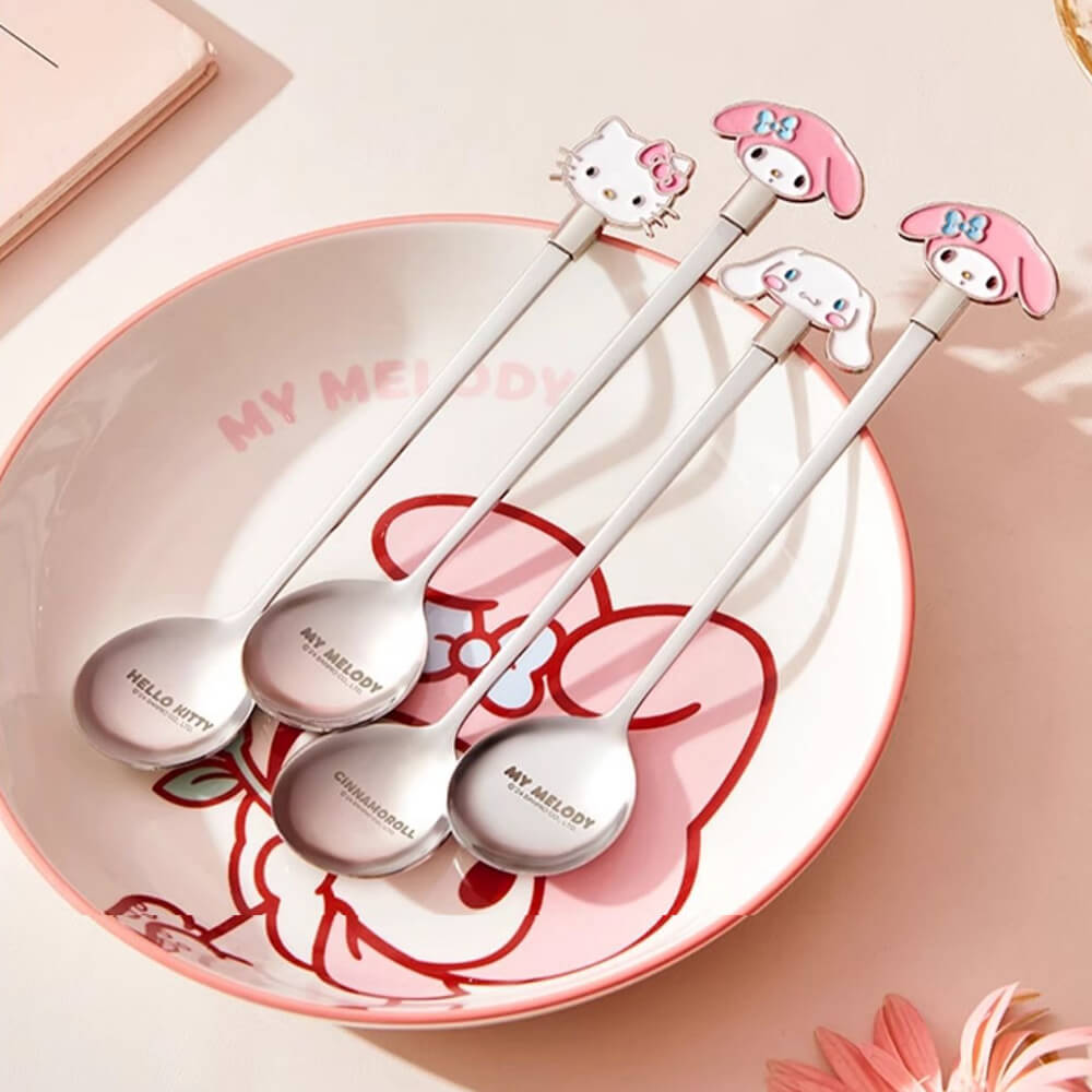 Hello-Kitty-My-Melody-Cinnamoroll-Stainless-Steel-Long-Handle-Spoons-In-A-Plate