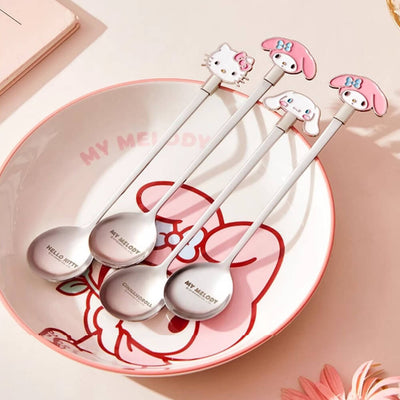 Hello-Kitty-My-Melody-Cinnamoroll-Stainless-Steel-Long-Handle-Spoons-In-A-Plate