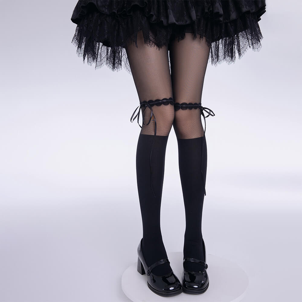 J-Fashion-Ribbon-Tie-Spliced-_Stockings-In-Black