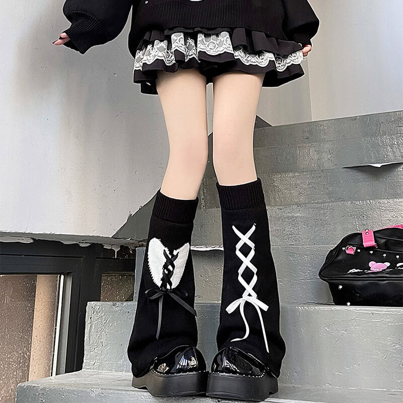 J-Fashion-Y2K-Style-Broken-Heart-Lace-Up-Knitted-Flare-Leg-Warmers-In-Black-White